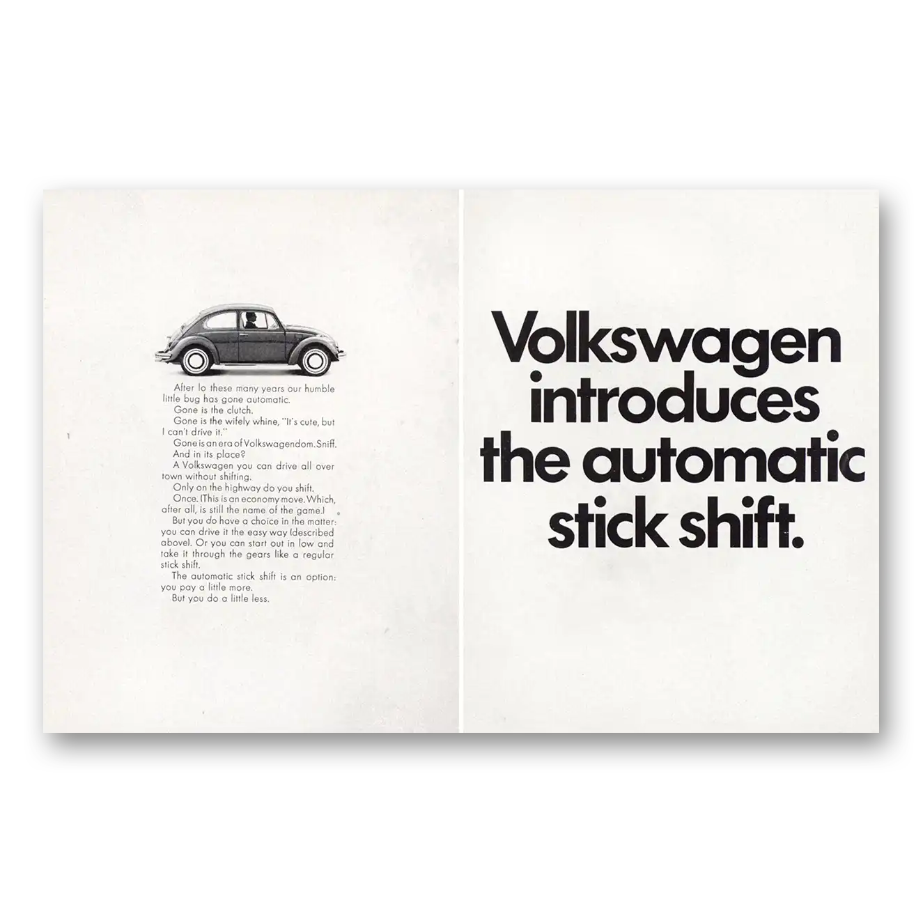 1968 Volkswagen Beetle Introduces Automatic Stick Shift Vintage Magazine Print Ad