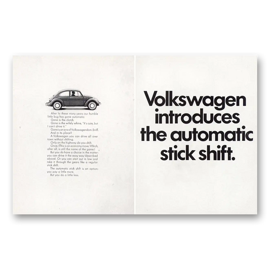 1968 Volkswagen Beetle Introduces Automatic Stick Shift Vintage Magazine Print Ad