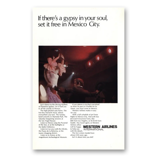 1968 Western Air Lines Gypsy in Your Soul Mexico City Vintage Magazine Print Ad