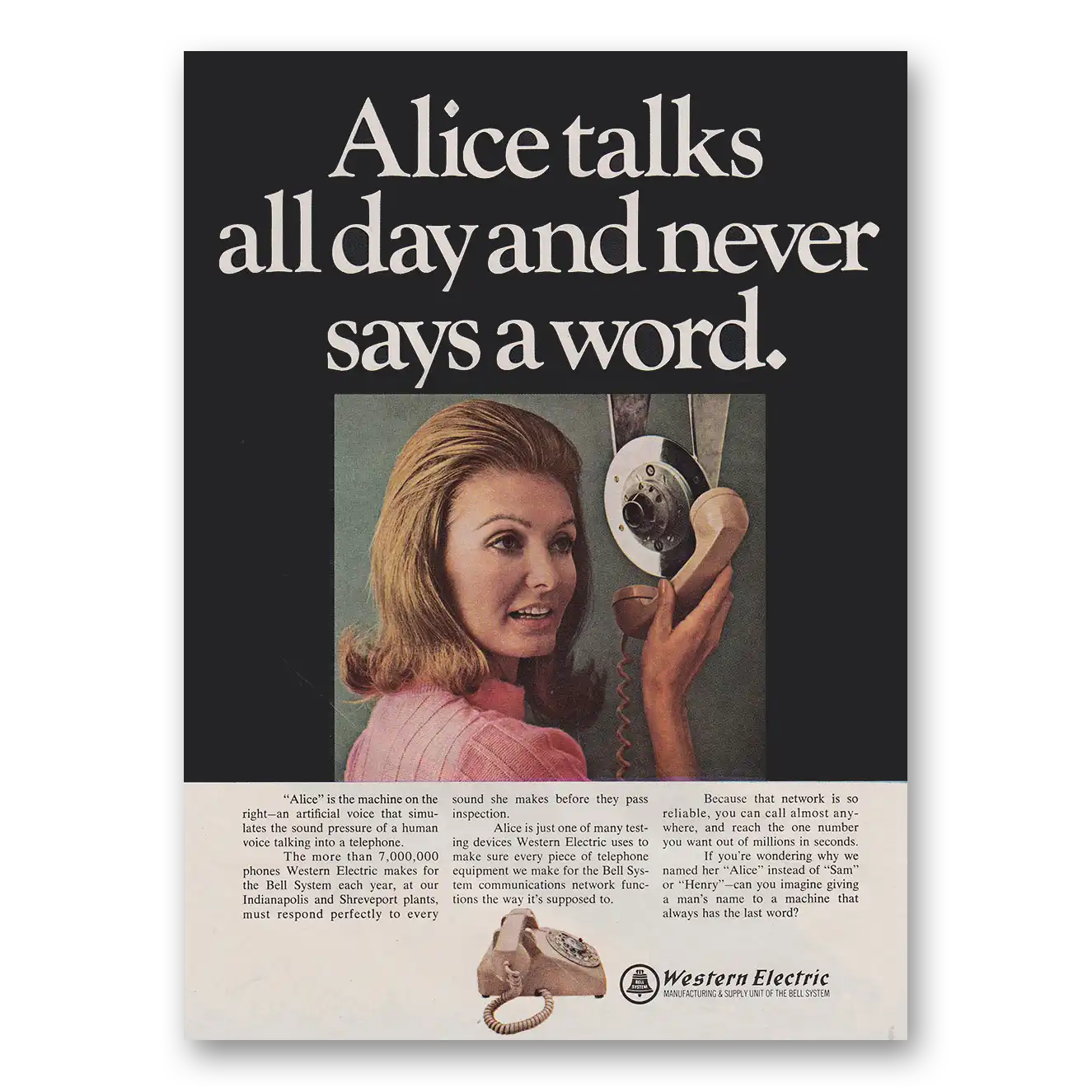 1968 Western Electric Alice Talks All Day and Never Says a Word Vintage Magazine Print Ad