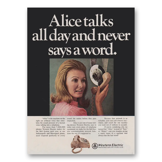 1968 Western Electric Alice Talks All Day and Never Says a Word Vintage Magazine Print Ad