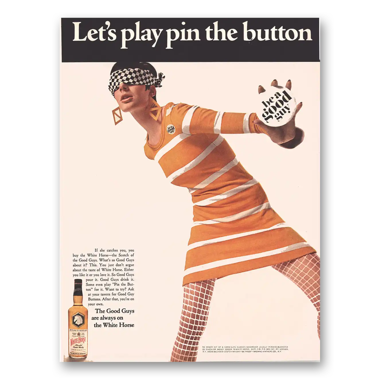 1968 White Horse Scotch Whisky Lets Play Pin the Button Vintage Magazine Print Ad