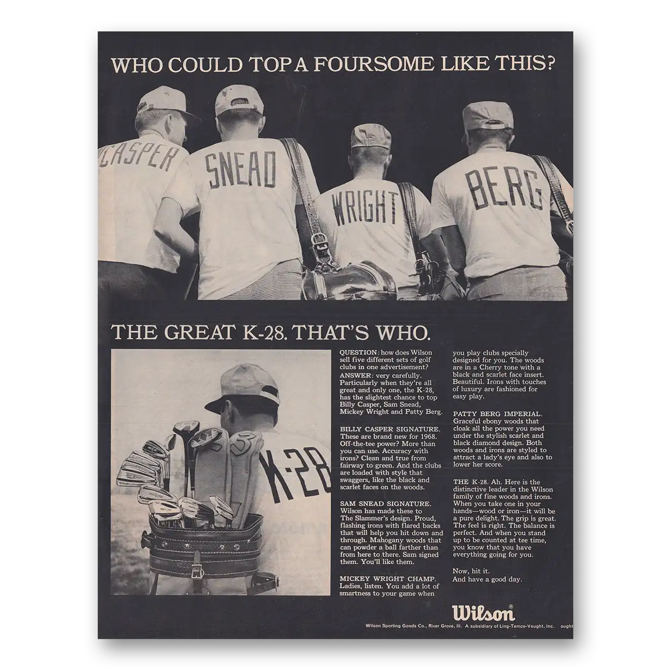 1968 Wilson Sporting Goods Who Could Top a Foursome Like This Vintage Magazine Print Ad