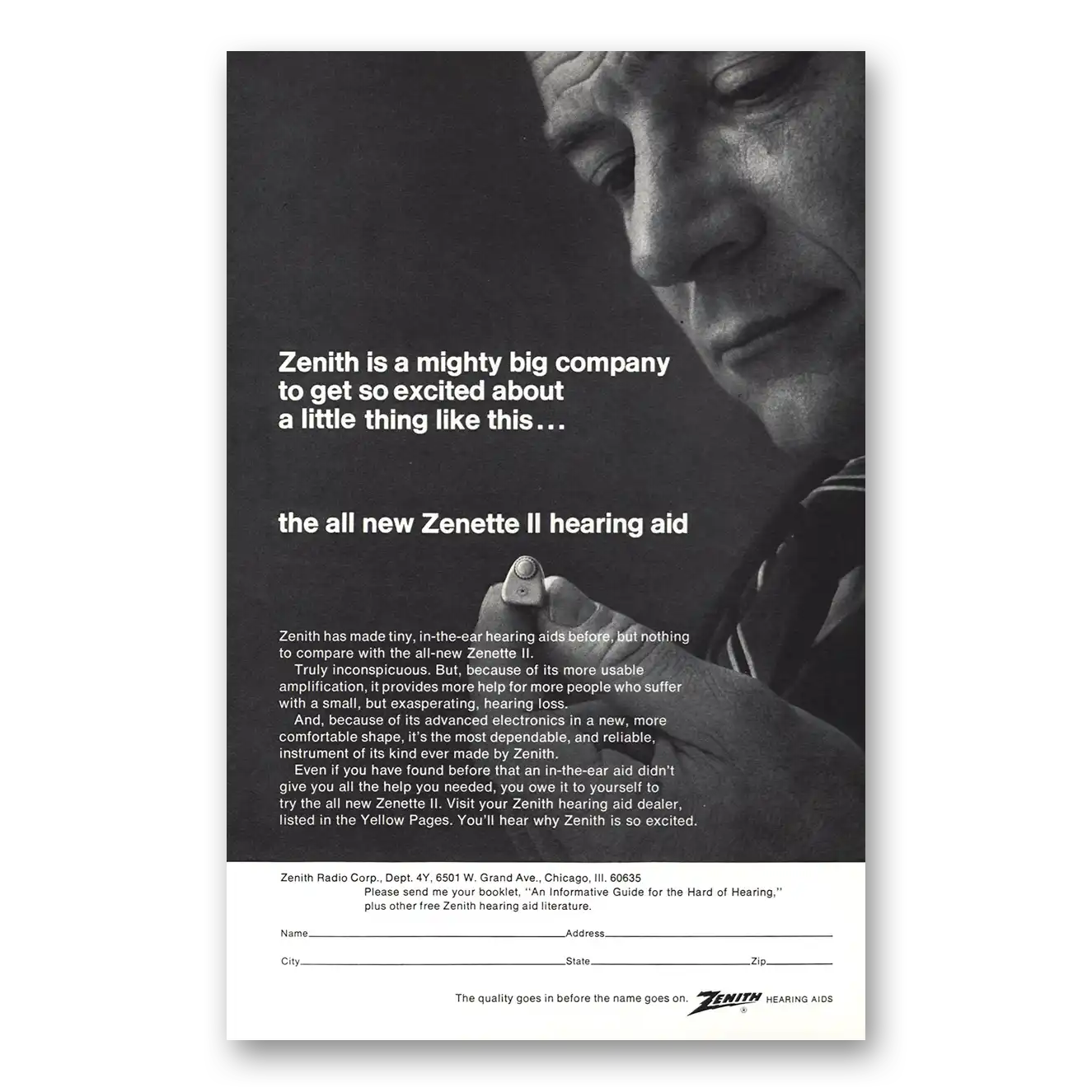 1968 Zenith Zenette Hearing Aid Mighty Big Company Vintage Magazine Print Ad