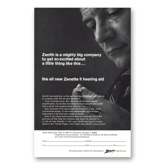 1968 Zenith Zenette Hearing Aid Mighty Big Company Vintage Magazine Print Ad