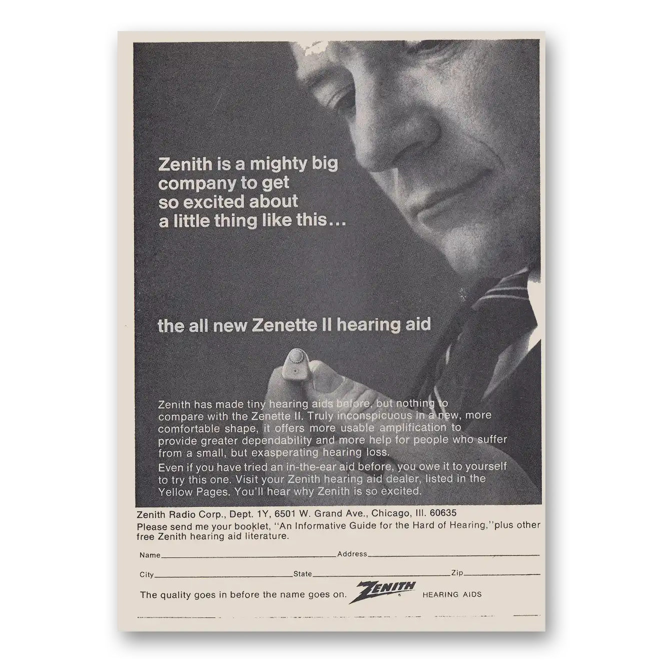 1968 Zenith Zenette Hearing Aid Mighty Big Vintage Magazine Print Ad