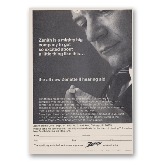 1968 Zenith Zenette Hearing Aid Mighty Big Vintage Magazine Print Ad