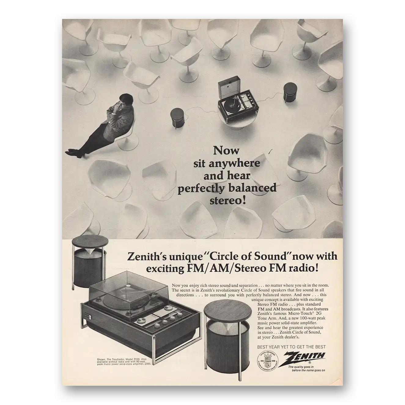 1968 Zenith Stereo Circle of Sound FM AM Stereo Radio Vintage Magazine Print Ad