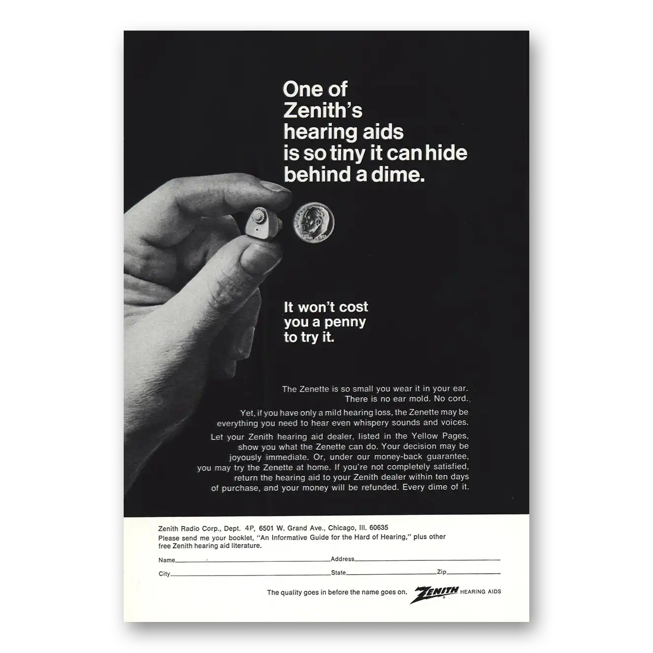 1968 Zenith Hearing Aid So Tiny It Can Hide Behind Dime Vintage Magazine Print Ad