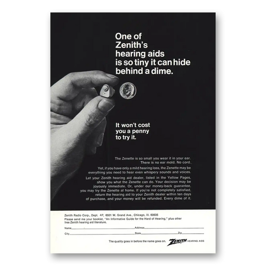 1968 Zenith Hearing Aid So Tiny It Can Hide Behind Dime Vintage Magazine Print Ad