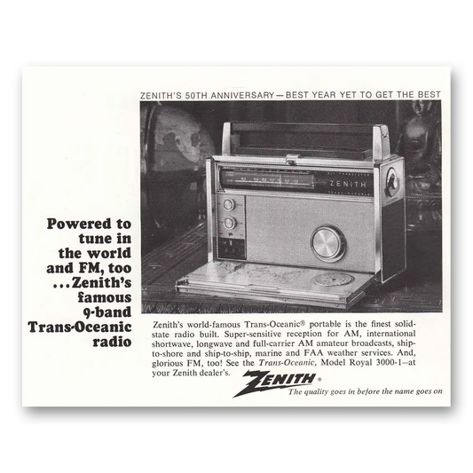 1968 Zenith Radio Tune In To the World 50th Anniversary Vintage Magazine Print Ad