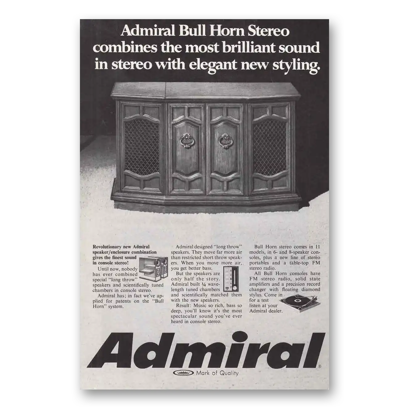 1969 Admiral Bull Horn Stereo Most Brilliant Sound In Stereo Vintage Magazine Print Ad