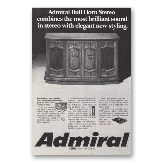 1969 Admiral Bull Horn Stereo Most Brilliant Sound In Stereo Vintage Magazine Print Ad