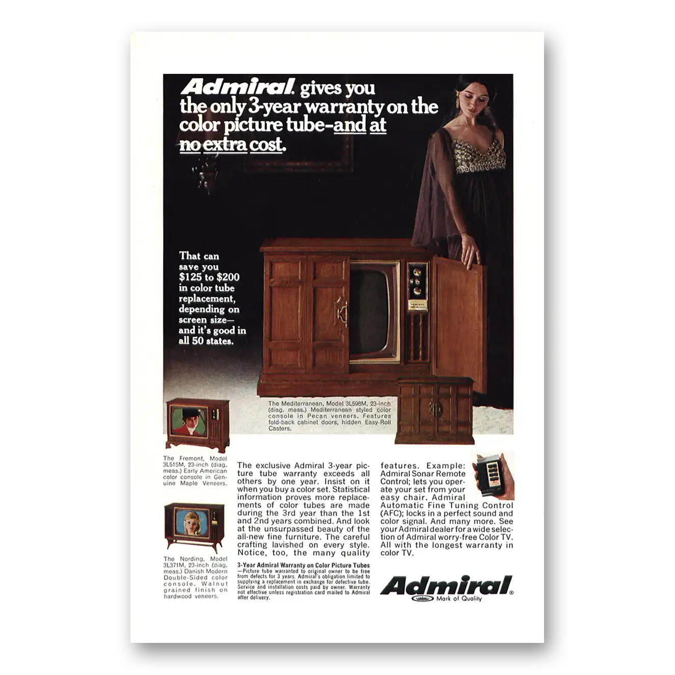 1969 Admiral Television Mediterranean Picture Tube Warranty Vintage Magazine Print Ad