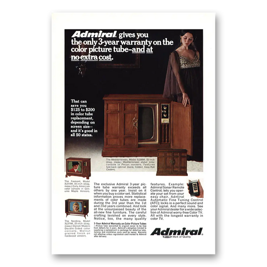 1969 Admiral Television Mediterranean Picture Tube Warranty Vintage Magazine Print Ad