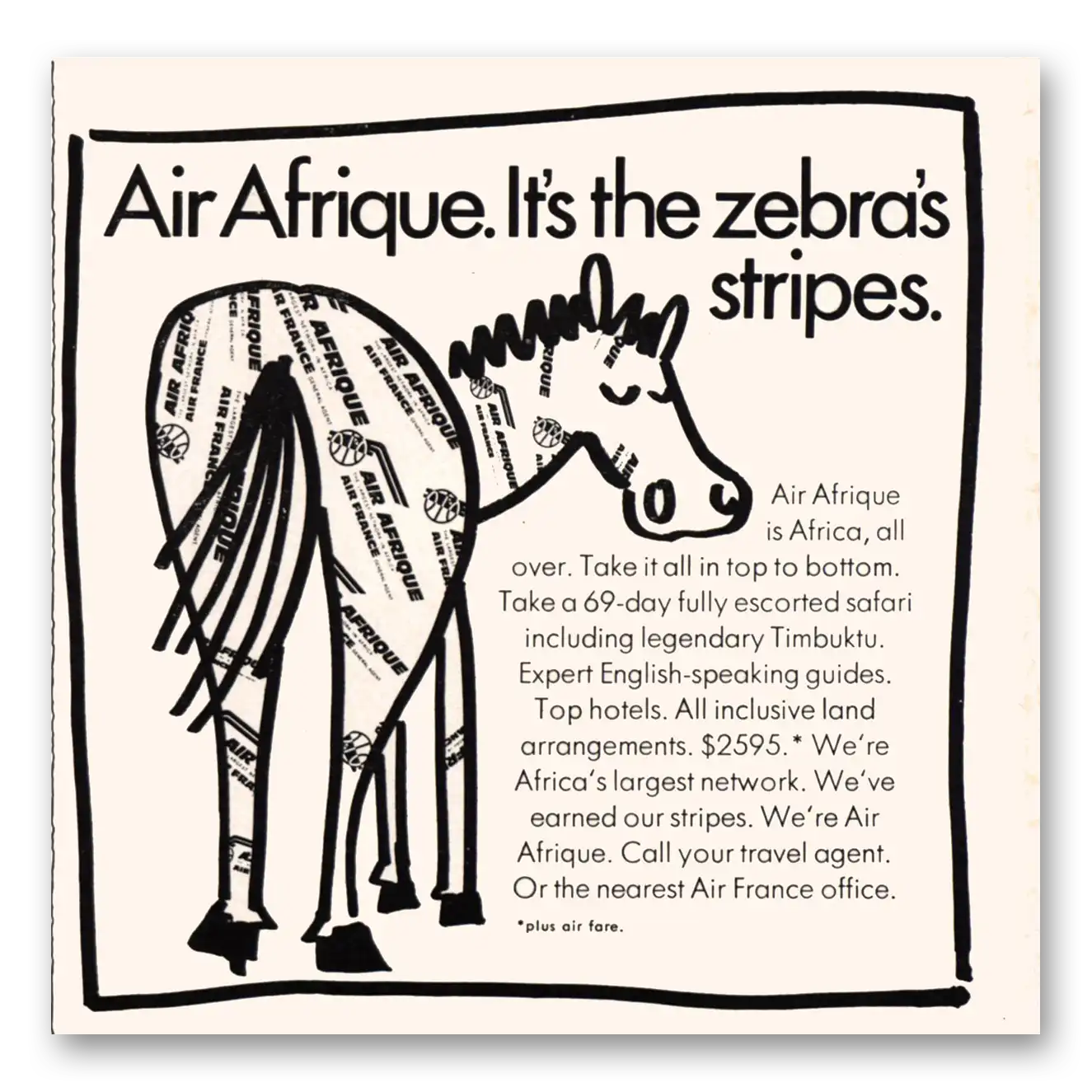 1969 Air Afrique Zebras Stripes Vintage Magazine Print Ad