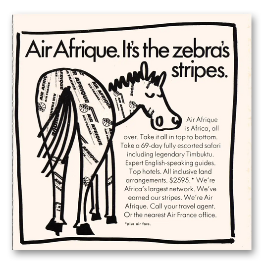 1969 Air Afrique Zebras Stripes Vintage Magazine Print Ad