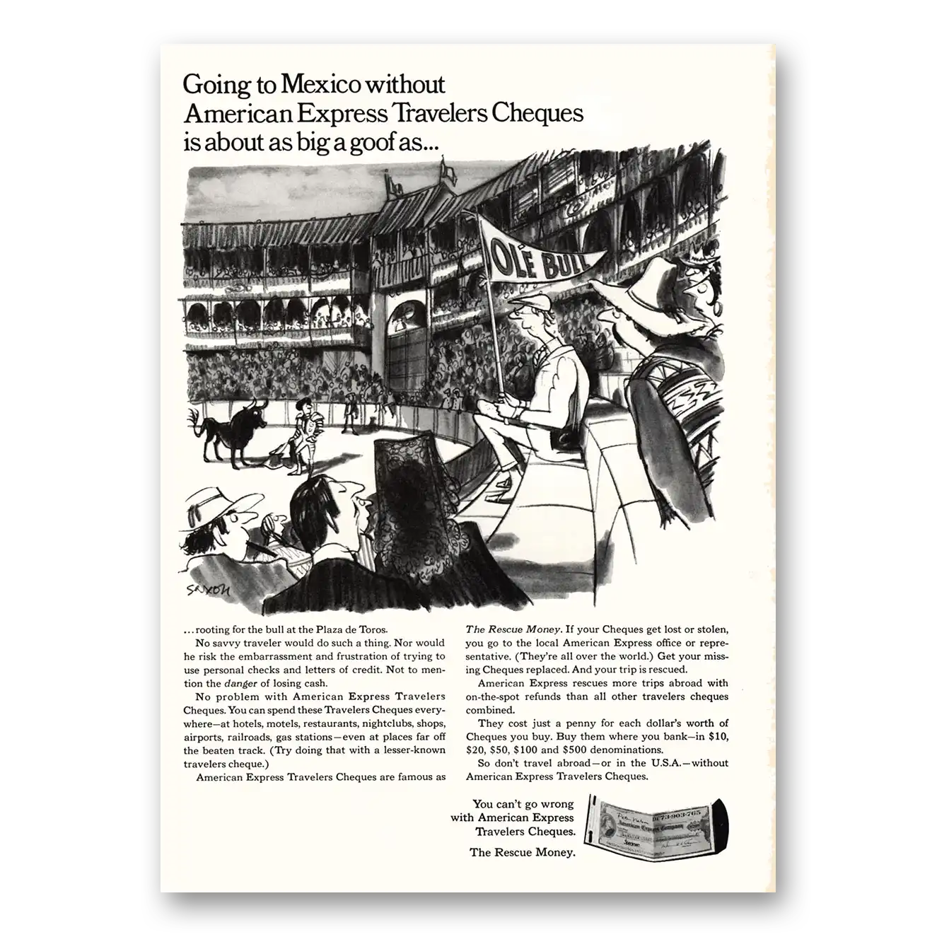 1969 American Express Going to Mexico Ole Bull Vintage Magazine Print Ad