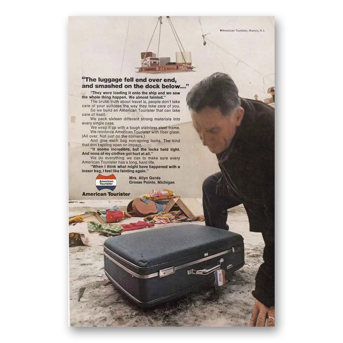 1969 American Tourister Luggage Fell Over and Smashed On the Dock Vintage Magazine Print Ad