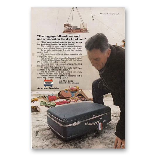 1969 American Tourister Luggage Fell Over and Smashed On the Dock Vintage Magazine Print Ad