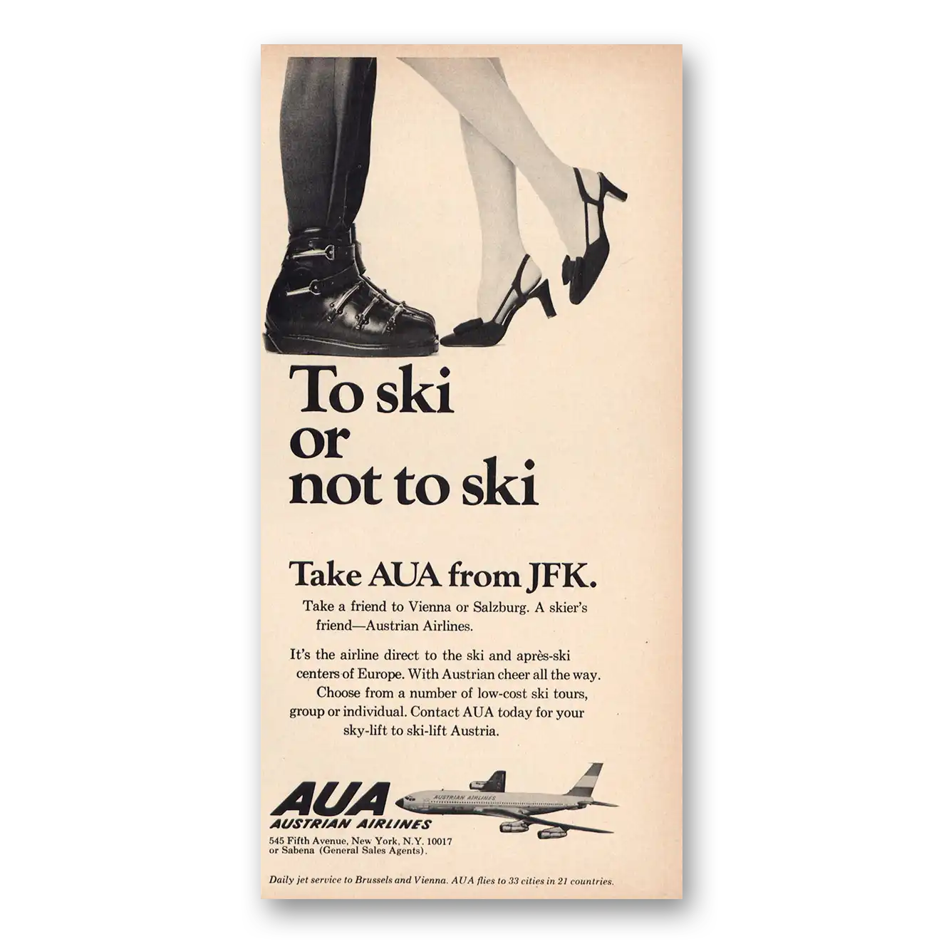 1969 AUA Austrian Airlines To Ski or Not To Ski Vintage Magazine Print Ad