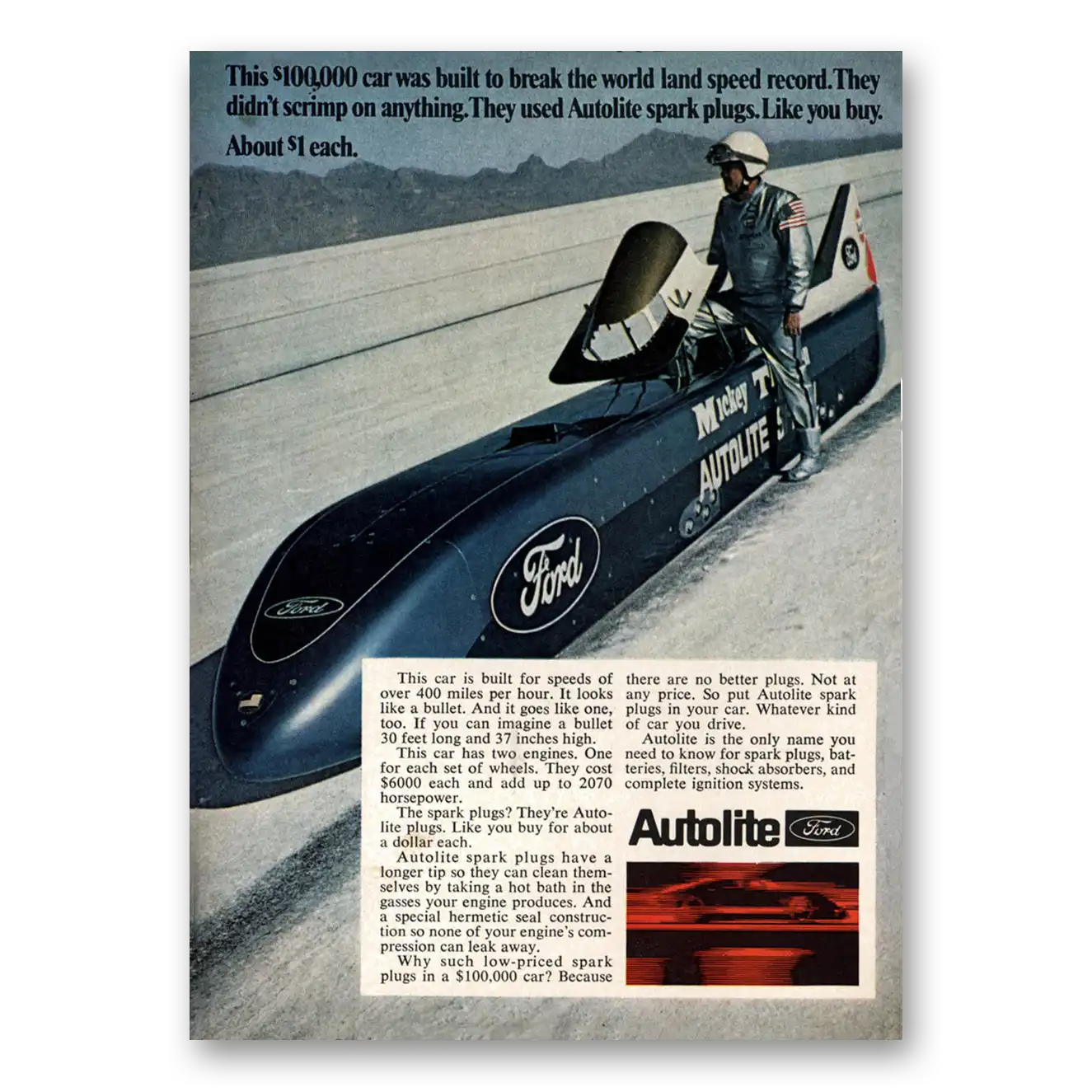 1969 Autolite Spark Plugs Break the World Land Speed Record Vintage Magazine Print Ad