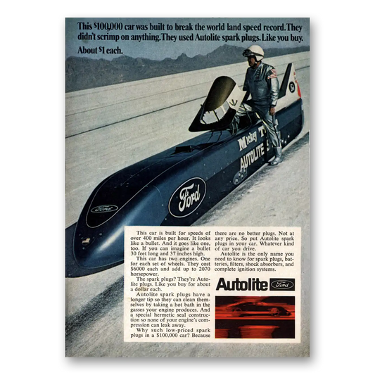 1969 Autolite Spark Plugs Break the World Land Speed Record Vintage Magazine Print Ad