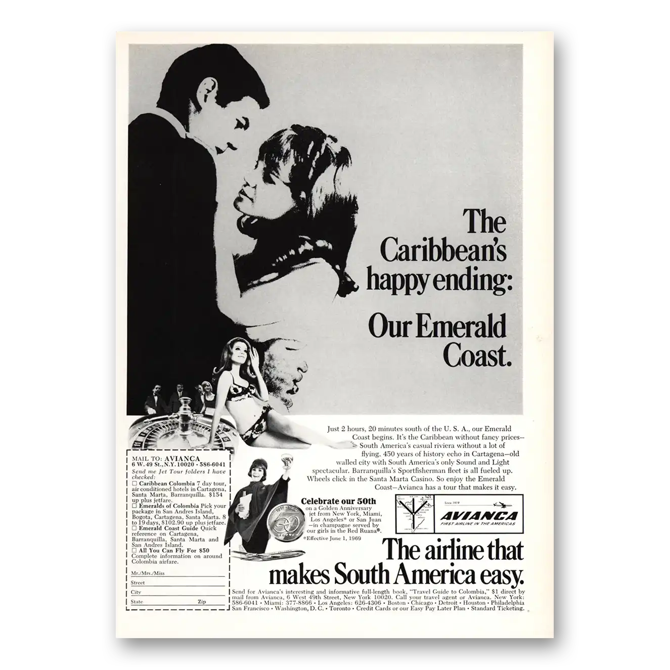 1969 Avianca Airlines Caribbeans Happy Ending Emerald Coast Vintage Magazine Print Ad