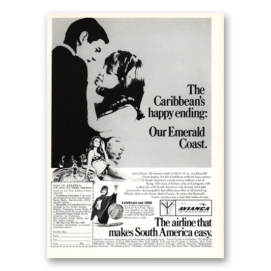 1969 Avianca Airlines Caribbeans Happy Ending Emerald Coast Vintage Magazine Print Ad