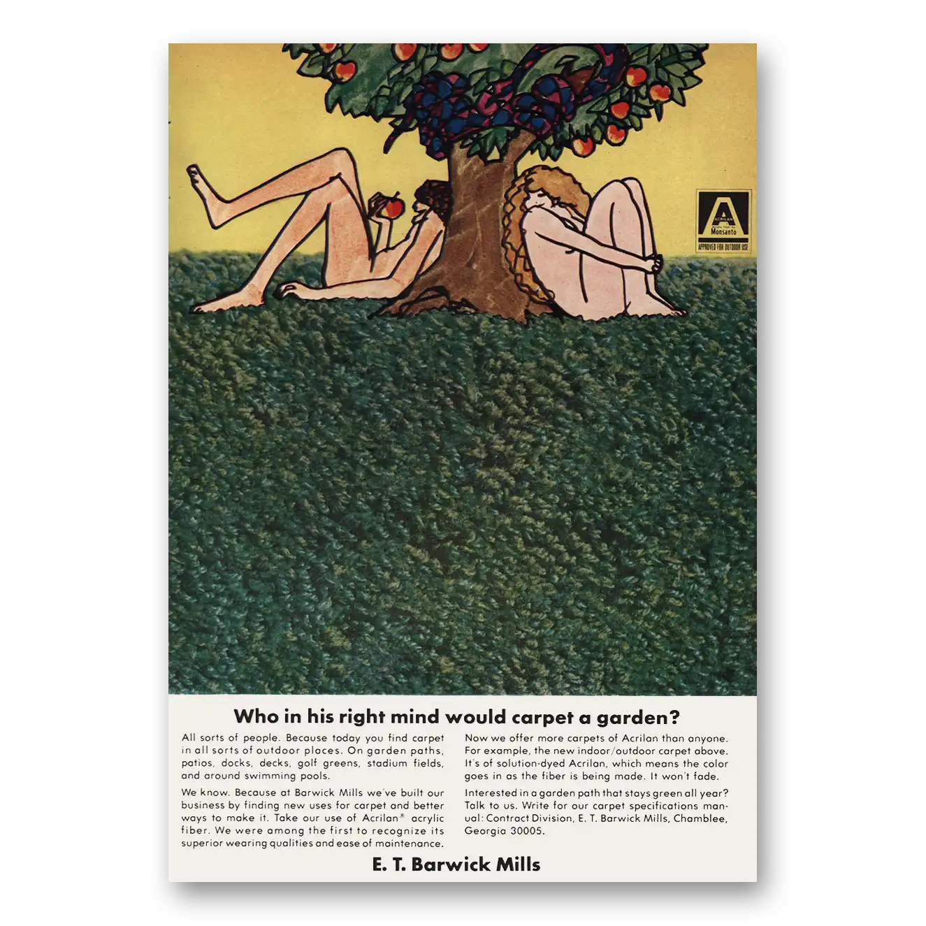 1969 Barwick Mills Carpet Who In His Right Mind Would Carpet a Garden Vintage Magazine Print Ad