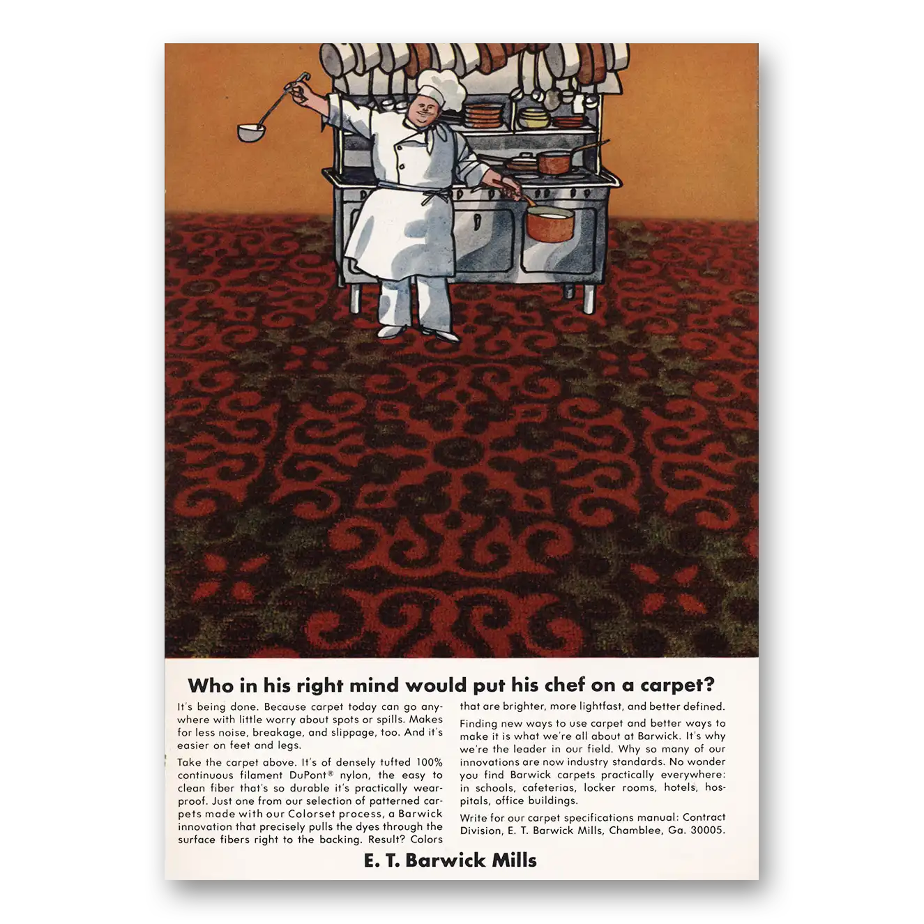 1969 Barwick Mills Carpet Who In His Right Mind Put Chef On a Carpet Vintage Magazine Print Ad