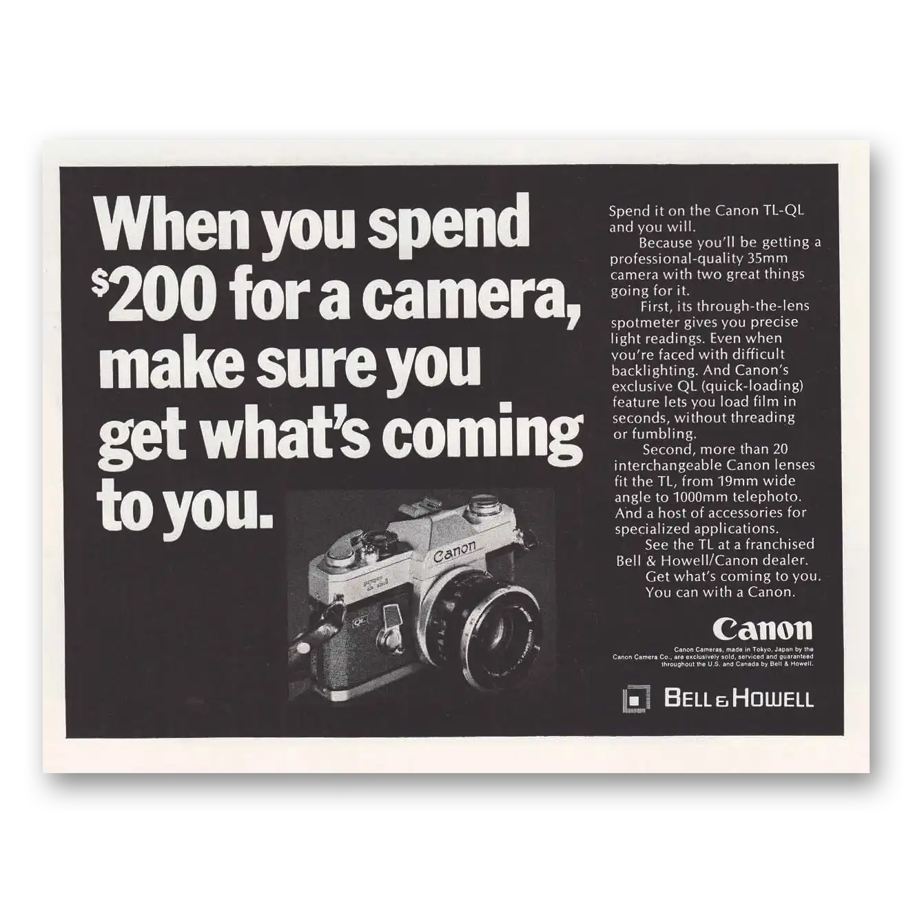 1969 Canon Camera Make Sure You Get Whats Coming Vintage Magazine Print Ad