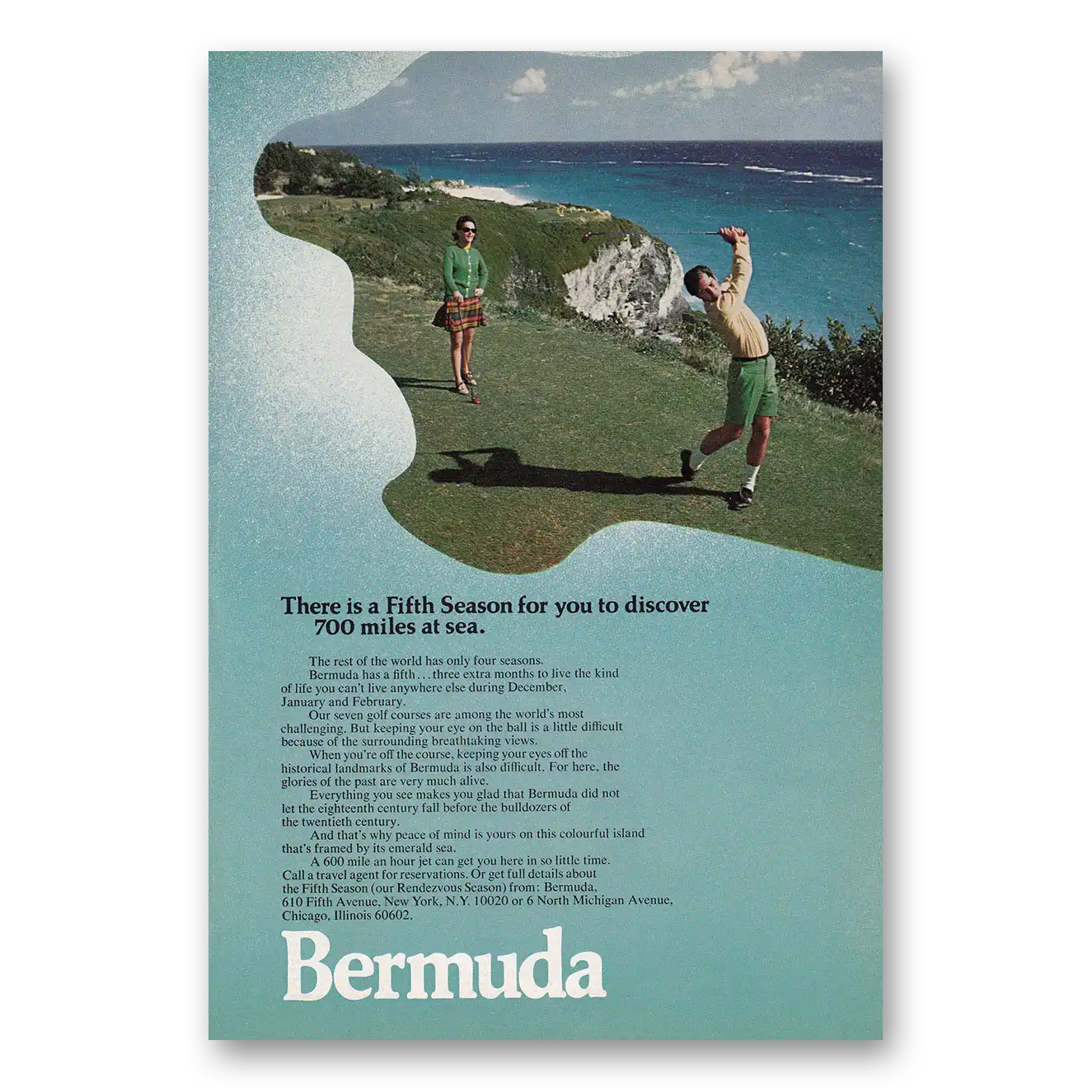 1969 Bermuda Fifth Season for You to Discover 700 Miles at Sea Vintage Magazine Print Ad