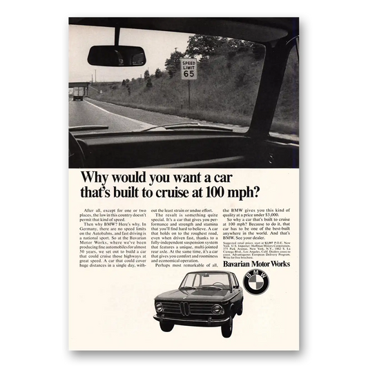 1969 BMW Built To Cruise at 100 Mph Vintage Magazine Print Ad