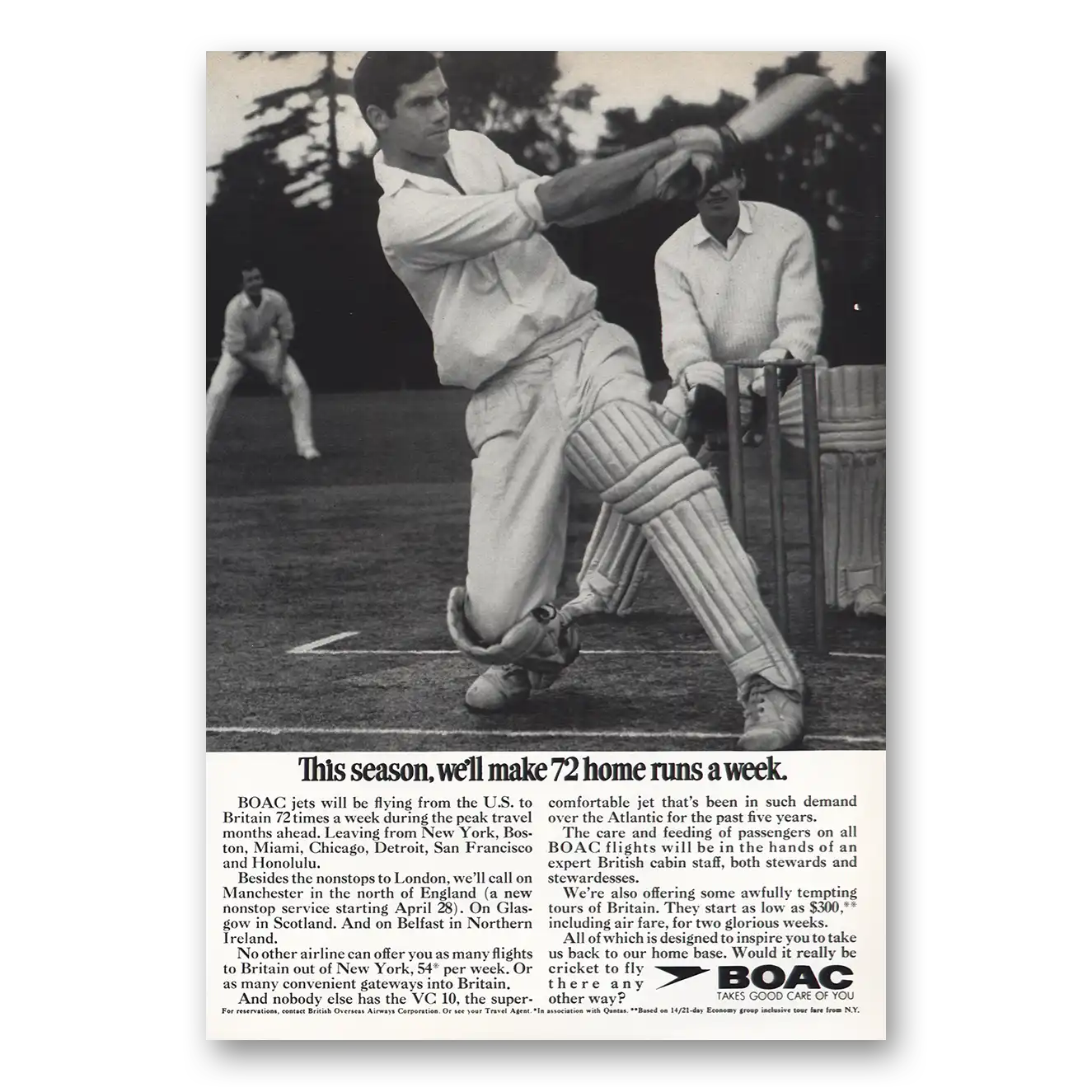 1969 British Airways BOAC 72 Home Runs Vintage Magazine Print Ad