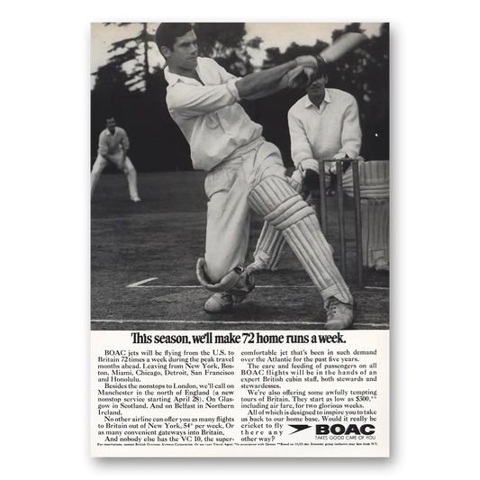 1969 British Airways BOAC 72 Home Runs Vintage Magazine Print Ad