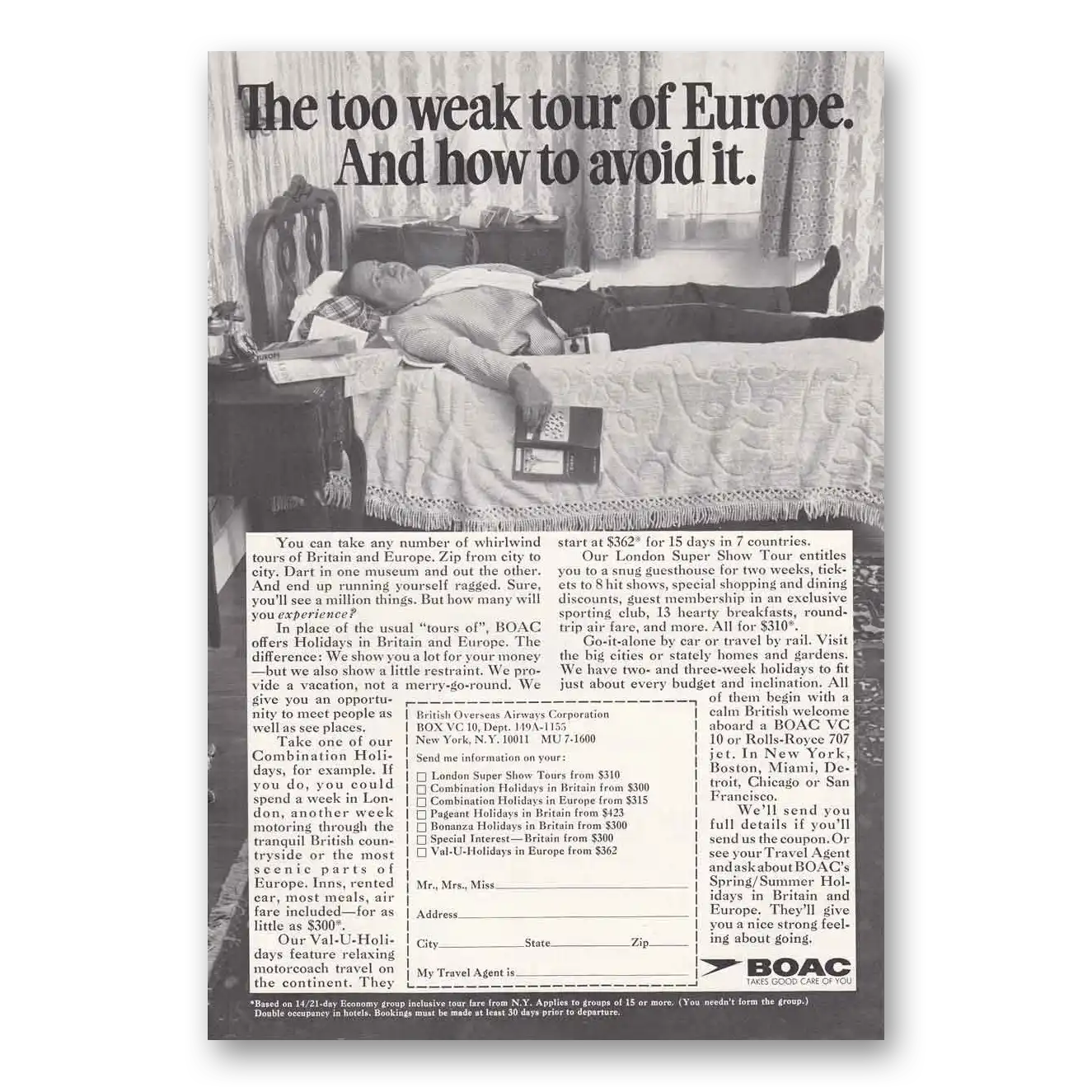 1969 British Airways BOAC Too Weak Tour of Europe Vintage Magazine Print Ad