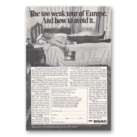 1969 British Airways BOAC Too Weak Tour of Europe Vintage Magazine Print Ad