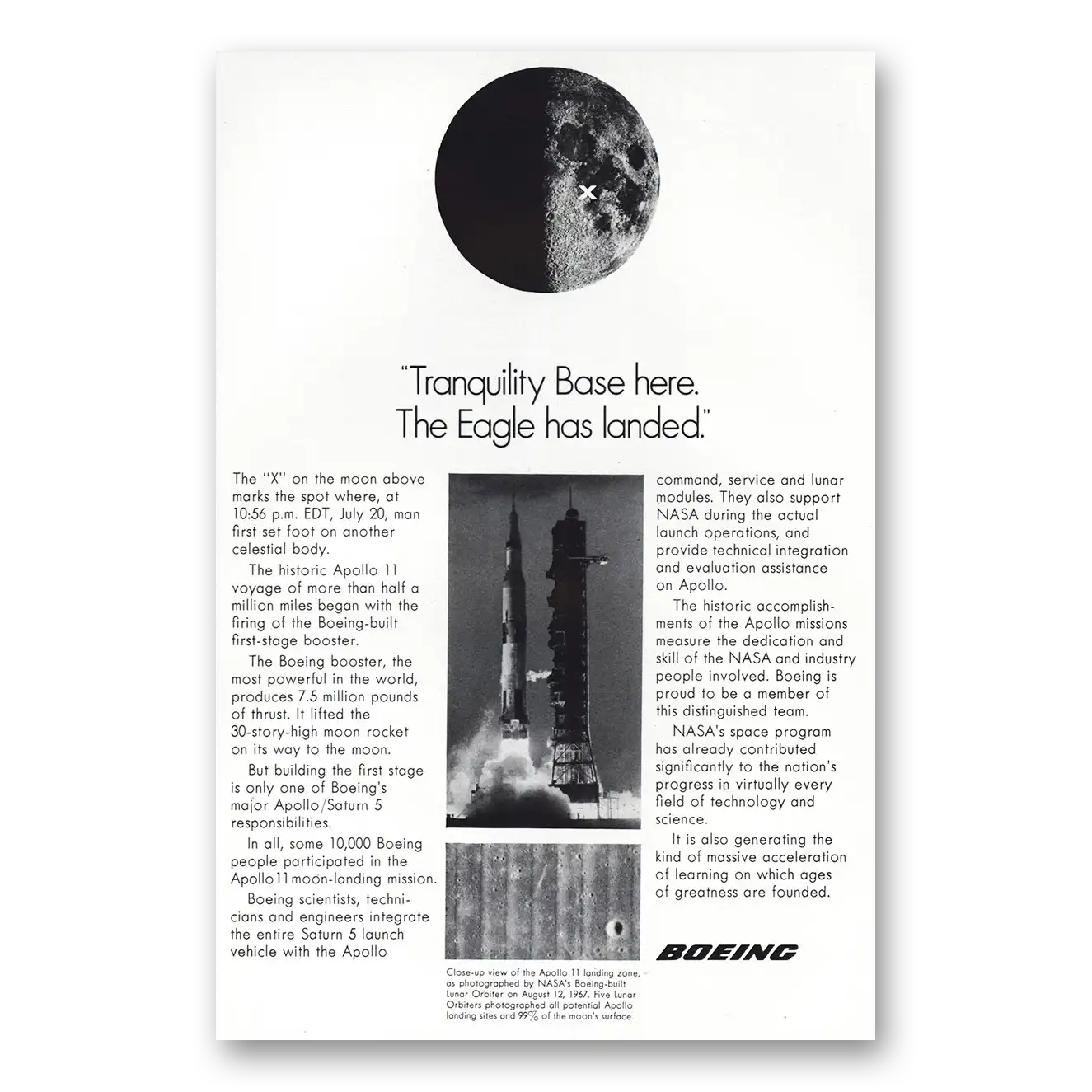 1969 Boeing Tranquility Base Here The Eagle Has Landed Vintage Magazine Print Ad