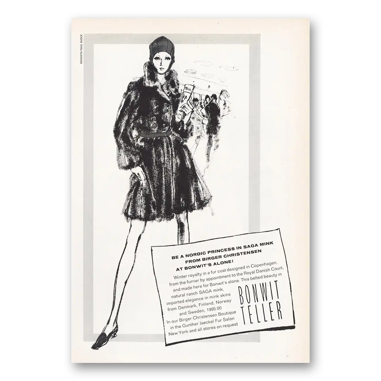 1969 Bonwit Teller Nordic Princess in Saga Mink Vintage Magazine Print Ad