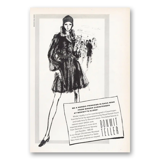 1969 Bonwit Teller Nordic Princess in Saga Mink Vintage Magazine Print Ad