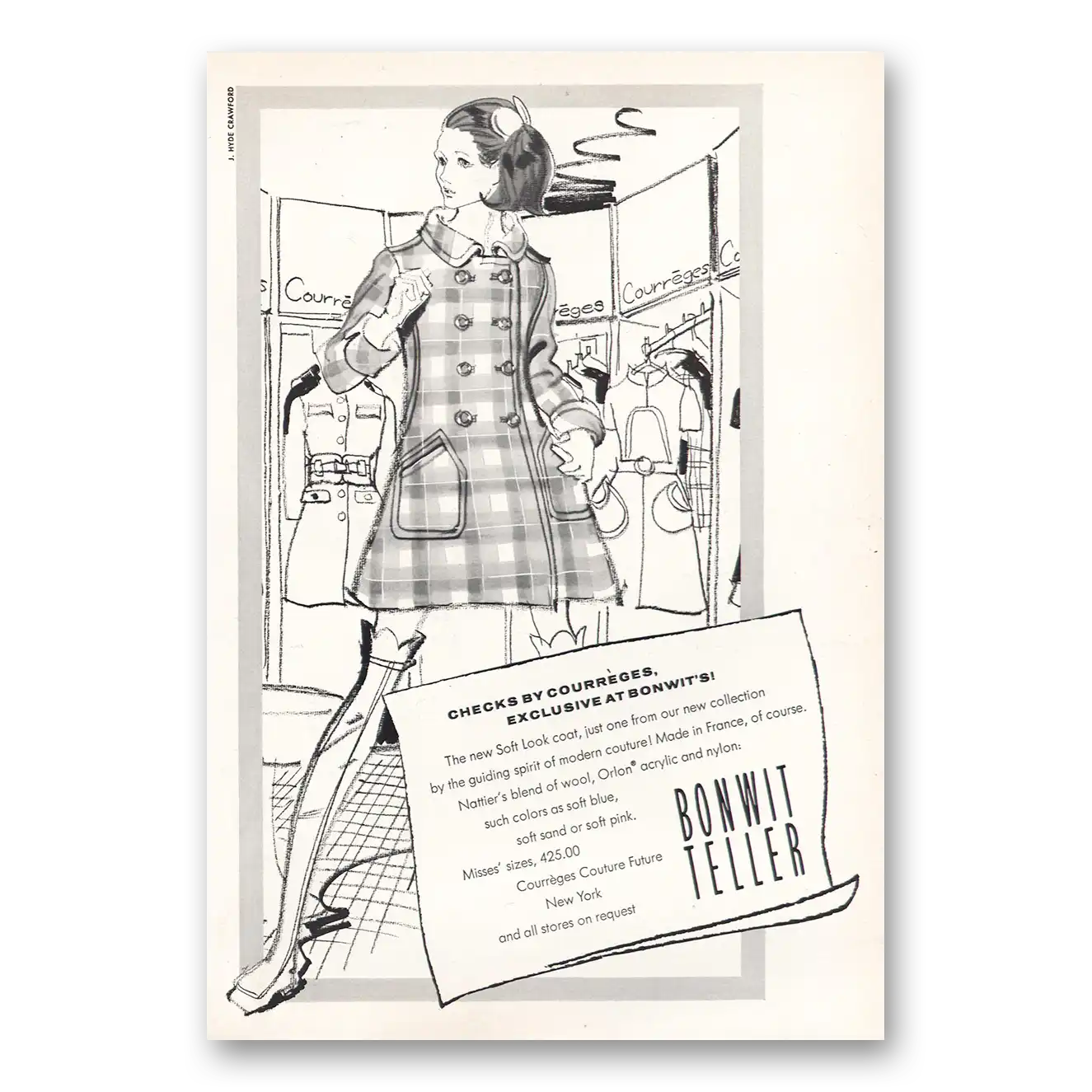 1969 Bonwit Teller Checks by Courreges Vintage Magazine Print Ad