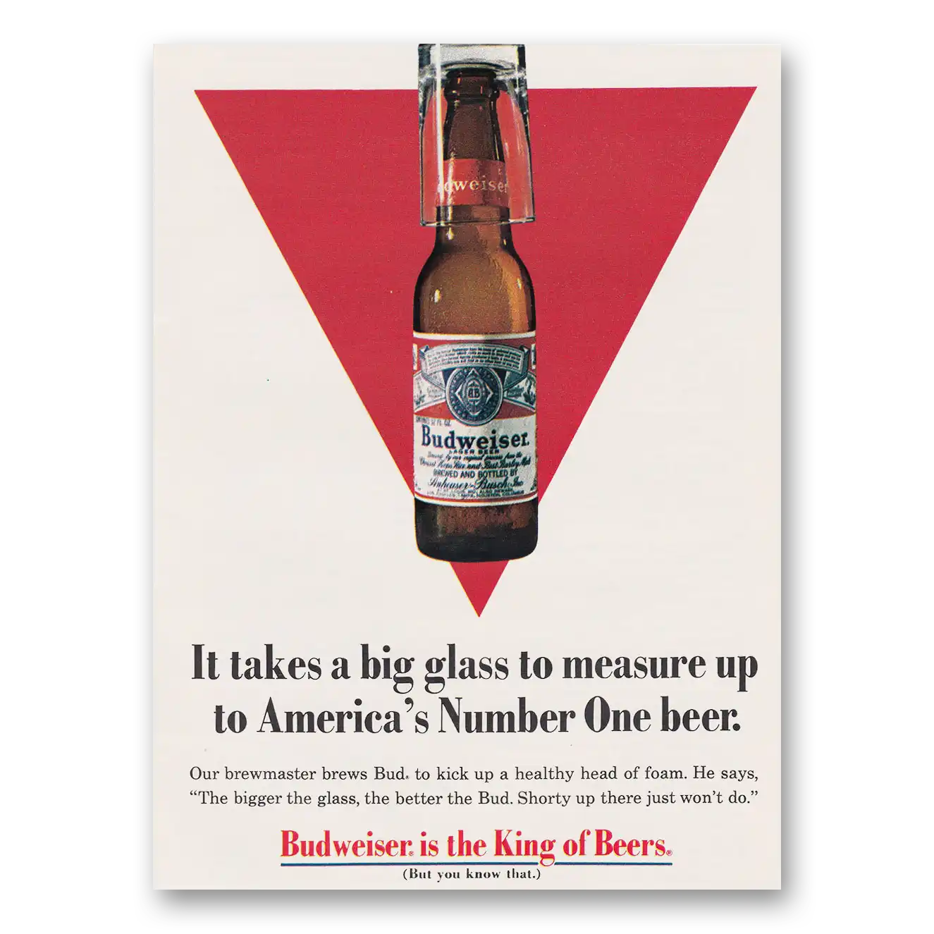 1969 Budweiser Beer It Takes a Big Glass to Measure Up Vintage Magazine Print Ad