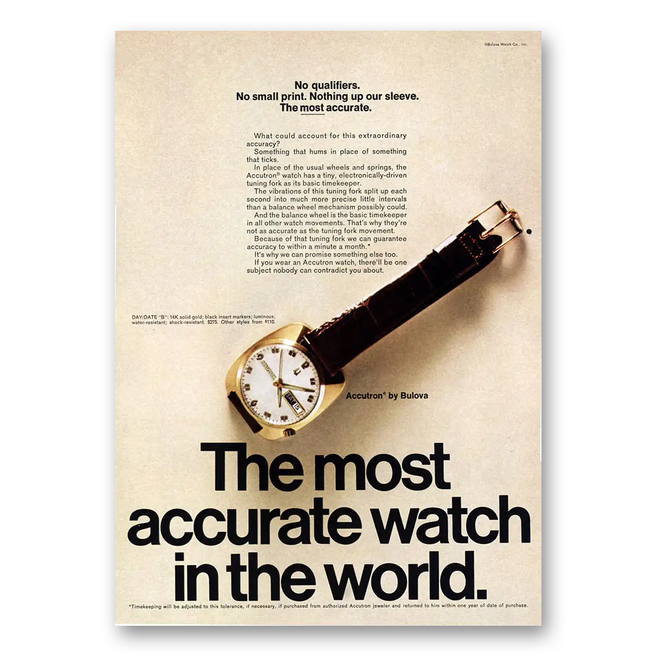 1969 Accutron Watch No Qualifiers No Small Print Nothing Vintage Magazine Print Ad