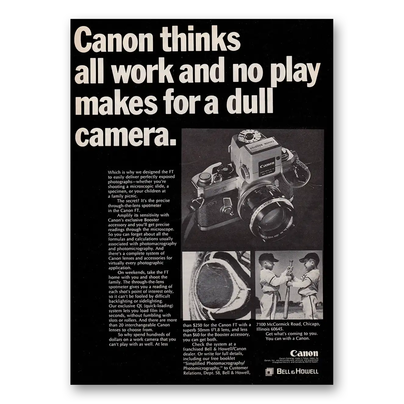 1969 Canon Camera All Work and No Play Makes for a Dull Camera Vintage Magazine Print Ad