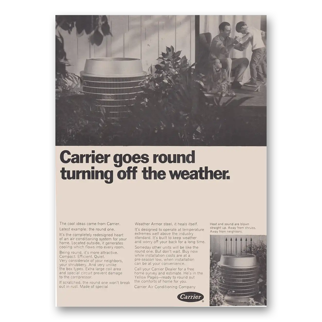 1969 Carrier Air Conditioning Goes Round Turning Off the Weather Vintage Magazine Print Ad