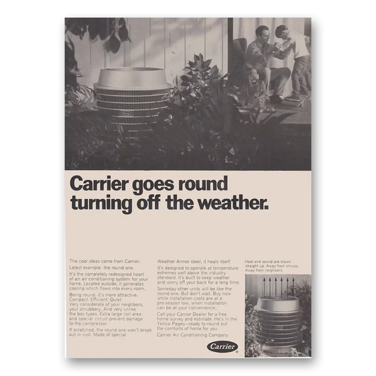 1969 Carrier Air Conditioning Goes Round Turning Off the Weather Vintage Magazine Print Ad