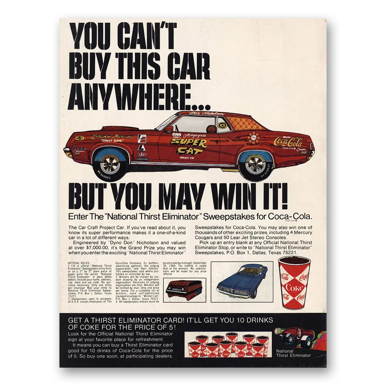 1969 Coca Cola National Thirst Eliminator Sweepstakes Car Craft Project Car Vintage Magazine Print Ad