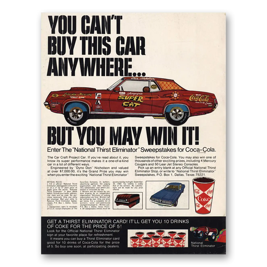 1969 Coca Cola National Thirst Eliminator Sweepstakes Car Craft Project Car Vintage Magazine Print Ad