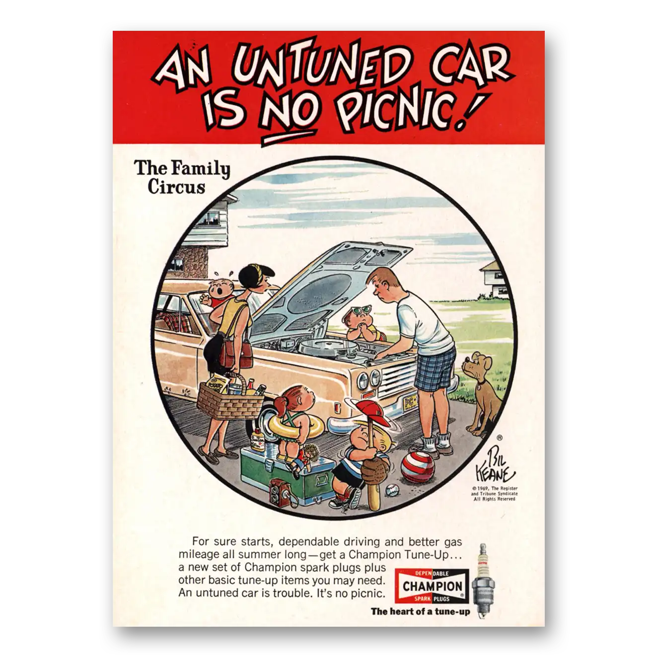 1969 Champion Spark Plugs Untuned Car Is No Picnic Vintage Magazine Print Ad